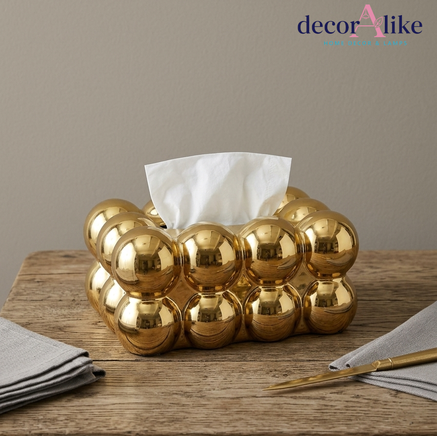 Gold bubble tissue box cover on wooden table – Decoralike Lahore