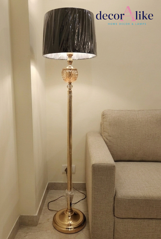 Gold Standing Lamp for Drawing Rooms – Textured Glass Globe Accent