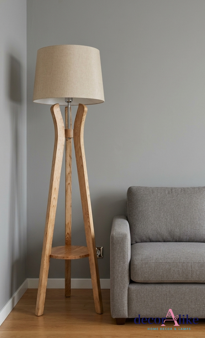Wooden tripod floor lamp with linen shade and built-in shelf - natural lighting decor Pakistan