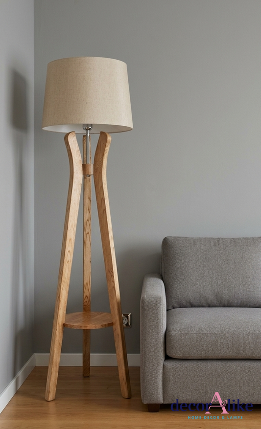 Wooden tripod floor lamp with linen shade and built-in shelf - natural lighting decor Pakistan