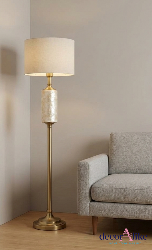 Brass floor lamp with capiz shell accent and ivory linen shade - transitional lighting Pakistan