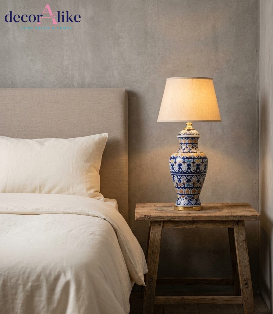 Blue floral ceramic table lamp with multicolour motifs, gold accents and beige fabric shade on a wooden table