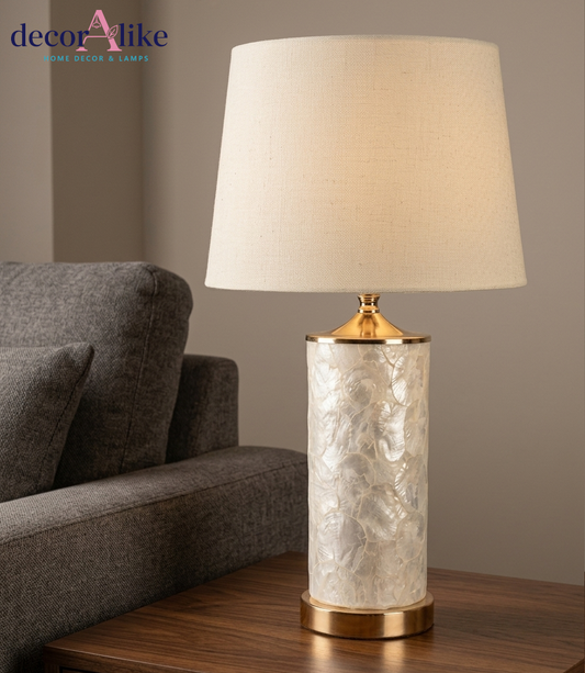 Pearl shell column table lamp with polished gold trim and ivory linen shade — luxury bedside lamp Pakistan