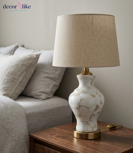Marble effect table lamp with gold veining and brushed brass base — white bedside lamp Pakistan