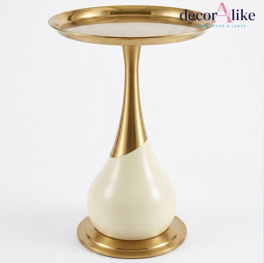 Sculptural round side table with brass stem and cream base – Decoralike Lahore