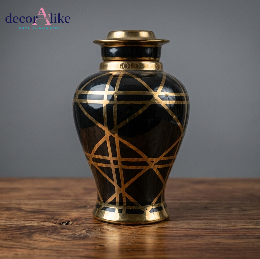 DecorAlike Black & Gold Geometric Lidded Vase - Luxury Modern Decorative Urn Pakistan