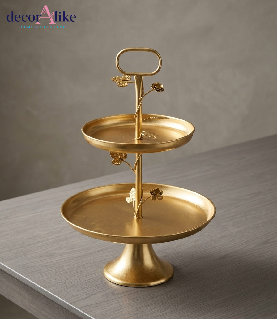 Gold 2-tier cake stand with floral details luxury serving tray home decor - DecorAlike Pakistan