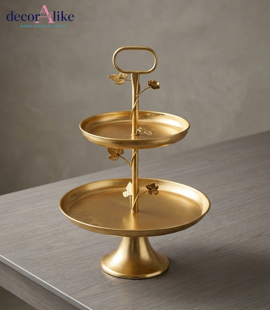 Gold 2-tier cake stand with floral details luxury serving tray home decor - DecorAlike Pakistan
