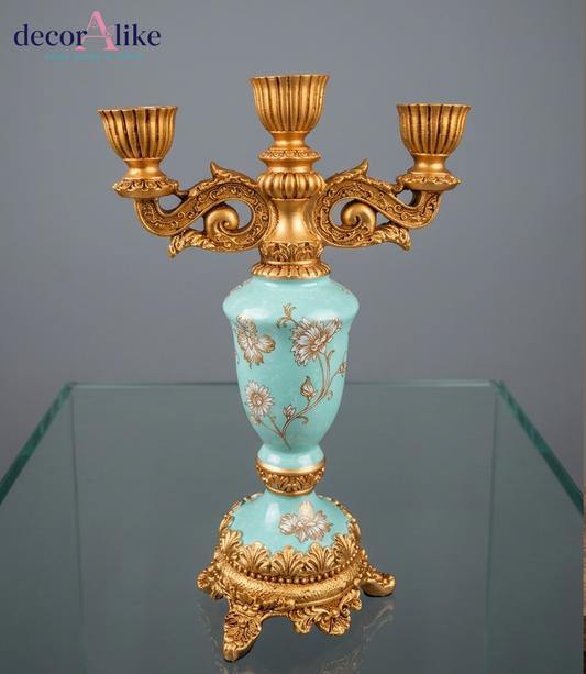 Turquoise and gold 3-arm ornate candelabra ceramic candlestick holder luxury home decor - DecorAlike Pakistan