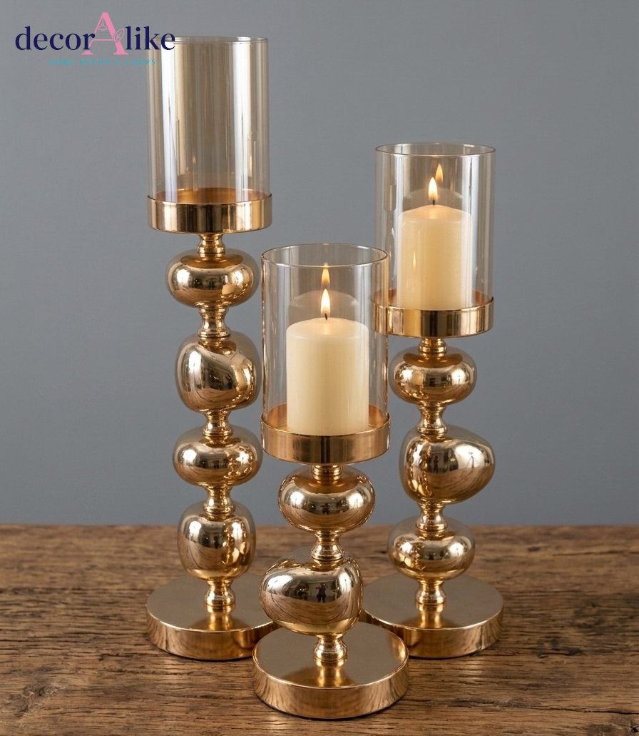Set of 3 gold stacked ball candle holders with glass hurricanes luxury modern decor - DecorAlike Pakistan