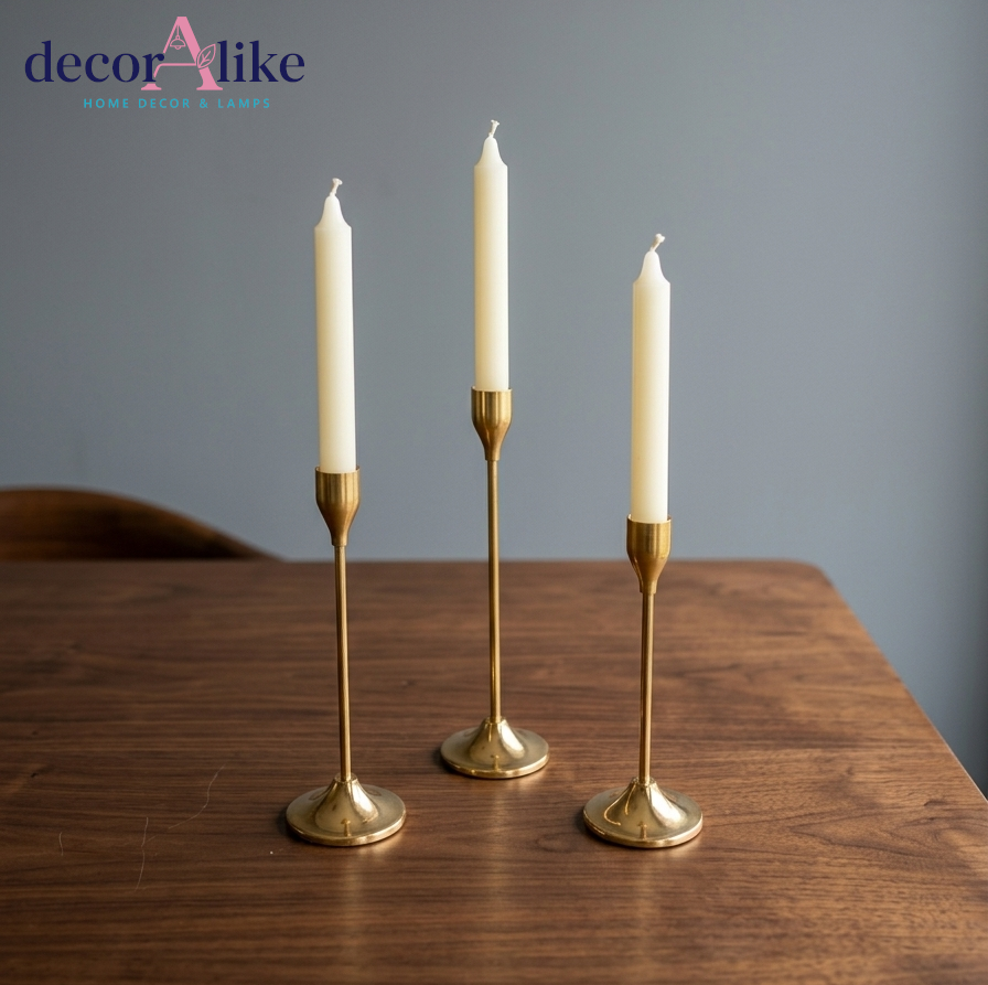 Set of 3 gold taper candle holders with brass finish - luxury tablescape decor Pakistan