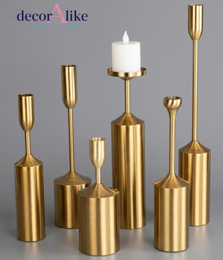 Set of 6 brushed gold candle stands in varying heights – Decoralike Lahore