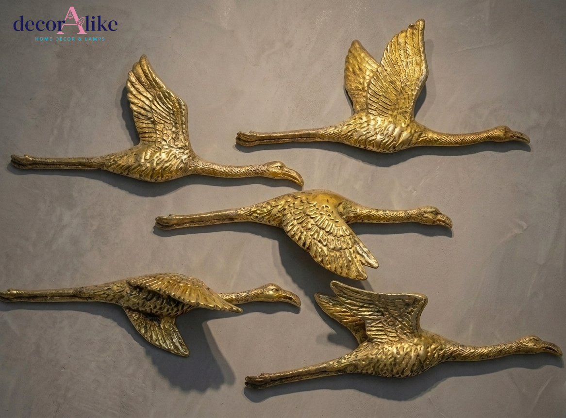 Set of 5 gold flying birds wall sculpture – textured metallic wall art – Decoralike Lahore