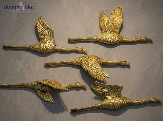 Set of 5 gold flying birds wall sculpture – textured metallic wall art – Decoralike Lahore