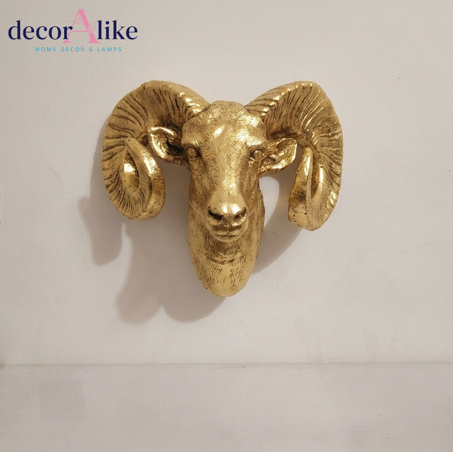 Gold ram head wall sculpture with curled horns – Decoralike Lahore