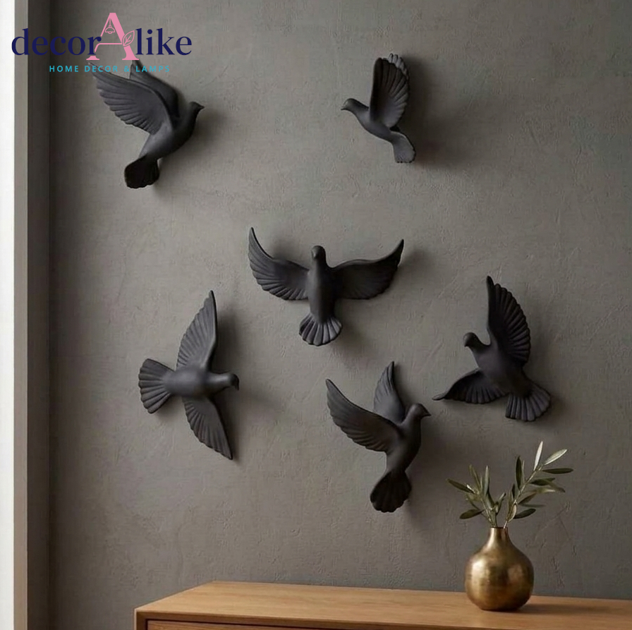 Set of 6 black flying birds wall sculpture – 3D wall art – Decoralike Lahore