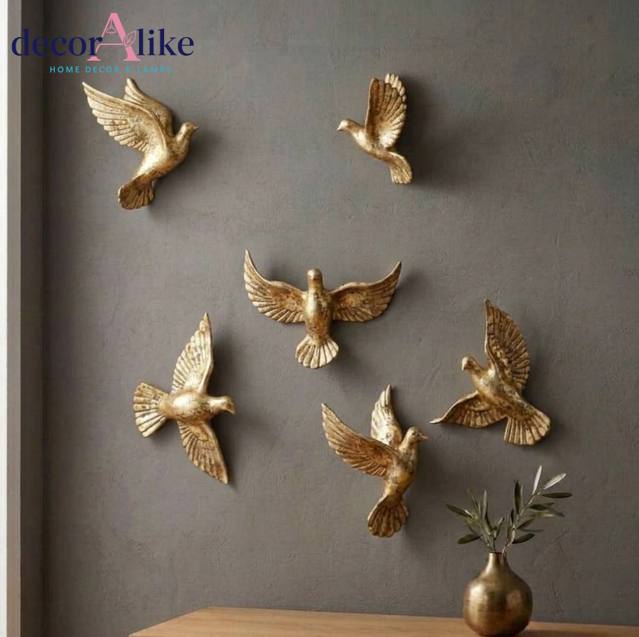 Set of 6 golden flying birds wall sculpture – 3D wall art – Decoralike Lahore