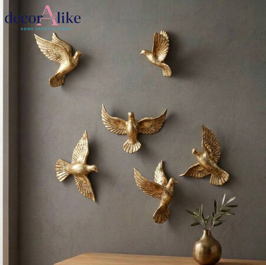 Set of 6 golden flying birds wall sculpture – 3D wall art – Decoralike Lahore