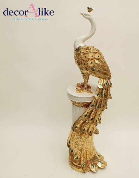Jeweled peacock figurine on pedestal – white and gold decor – Decoralike Lahore