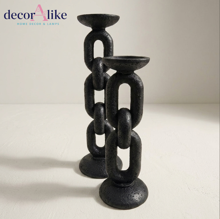 Set of 2 black chain-link candle holders – textured matte finish – Decoralike Lahore