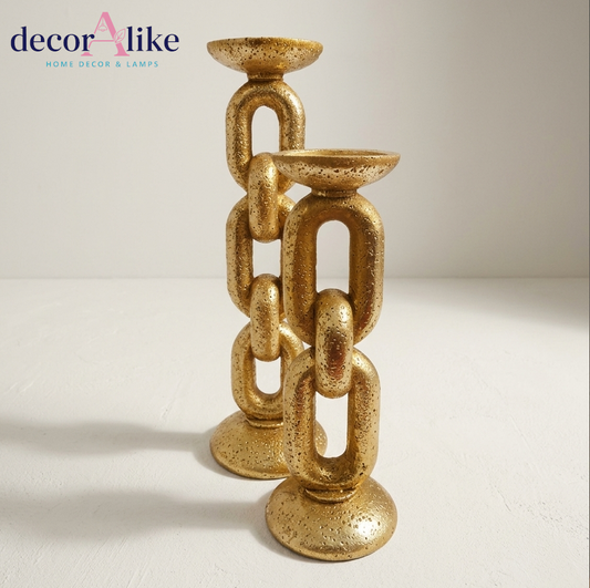 Set of 2 gold chain-link candle holders – textured antique finish – Decoralike Lahore