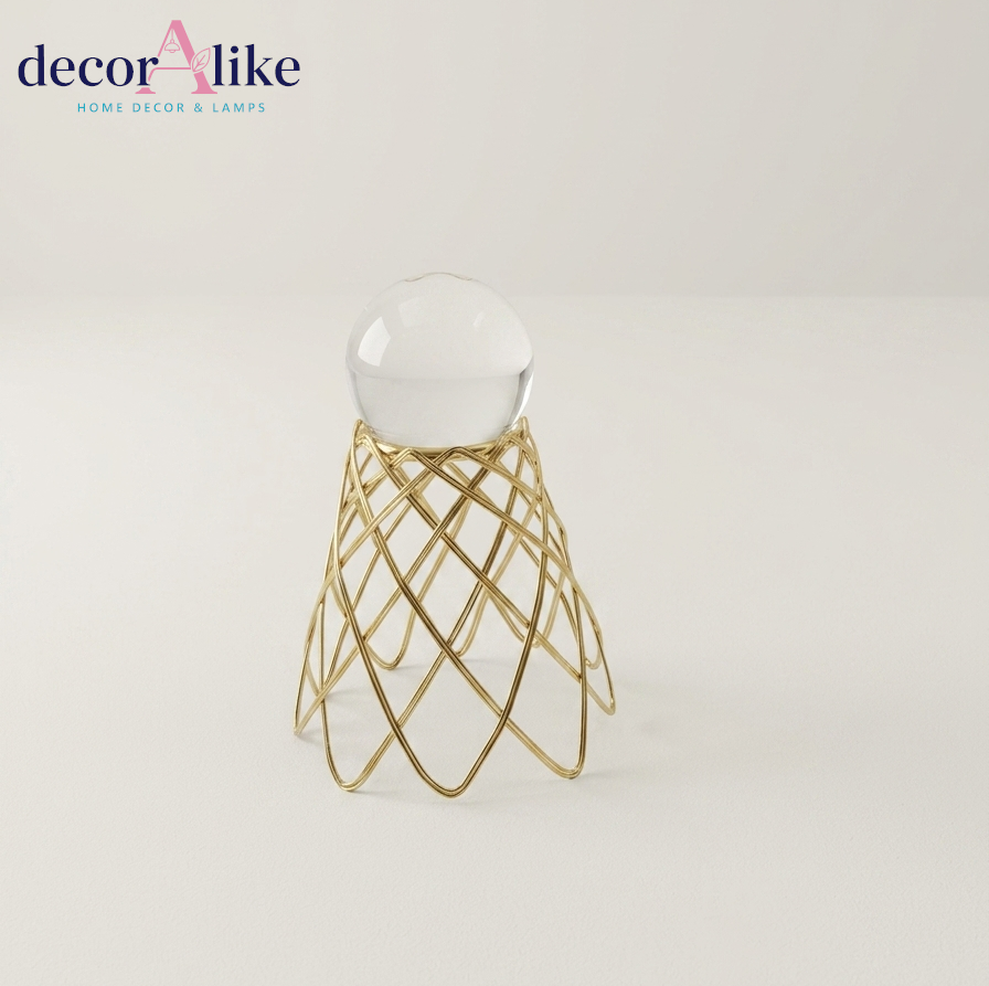 Glass orb on gold wire cage stand – modern tabletop decor – Decoralike Lahore