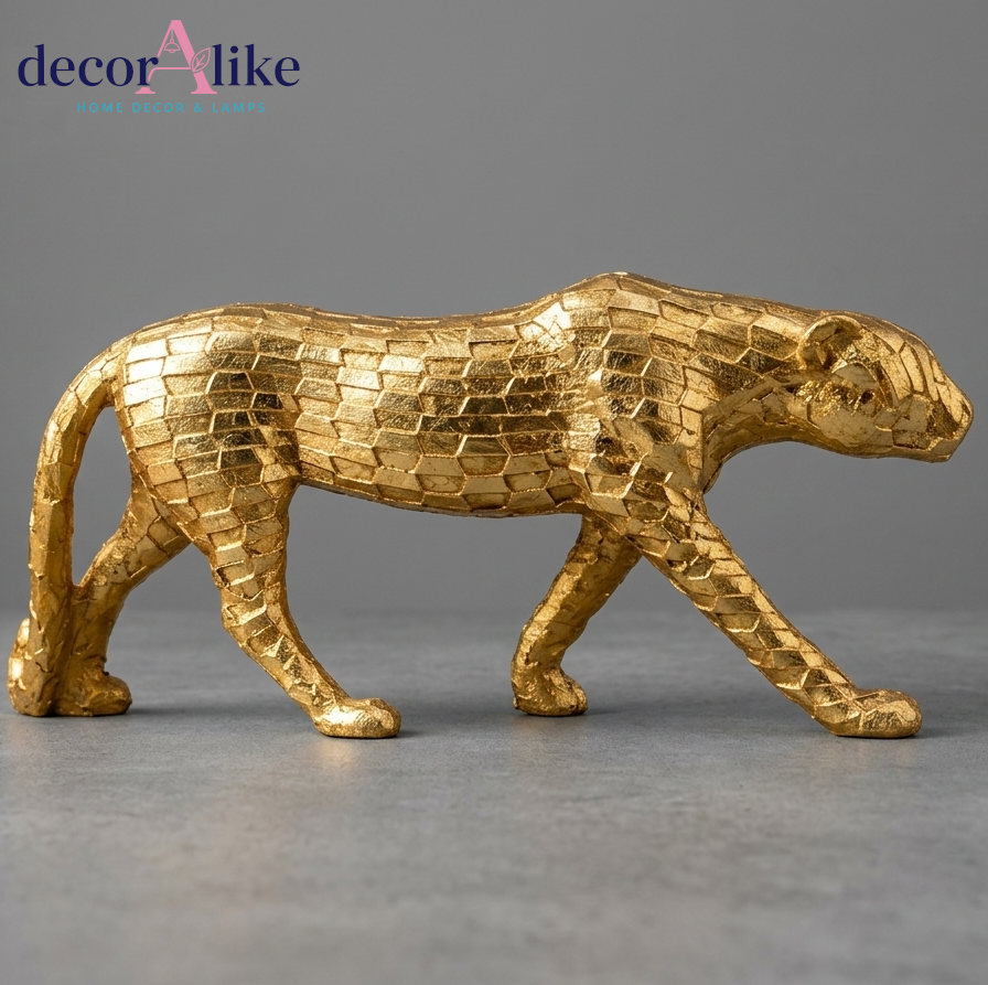 "Gold faceted leopard sculpture in prowling pose – Decoralike Lahore