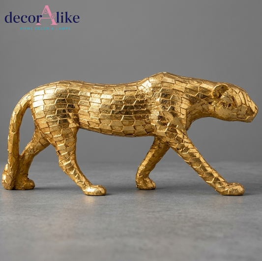 "Gold faceted leopard sculpture in prowling pose – Decoralike Lahore