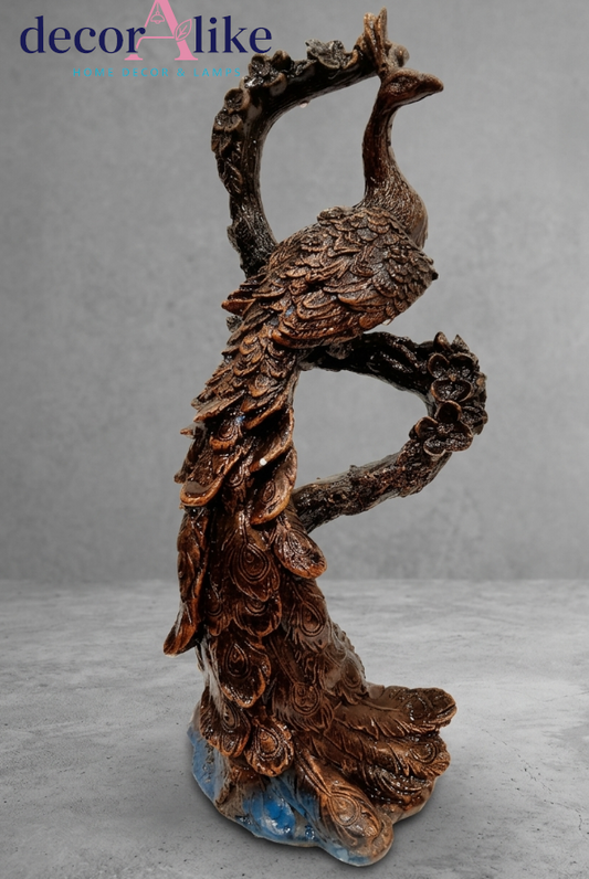 Bronze peacock on branch sculpture with detailed feathers – Decoralike Lahore