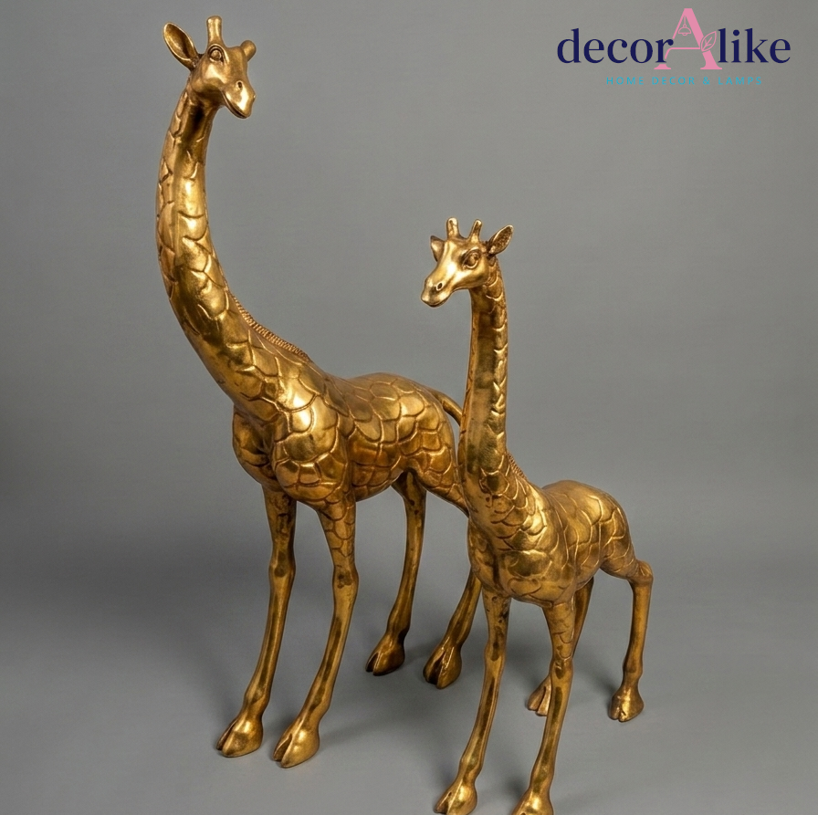 Set of 2 gold giraffe sculptures – tall and short pair – Decoralike Lahore