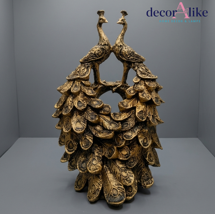 Twin peacock sculpture with cascading feathers – antique gold statue – Decoralike Lahore
