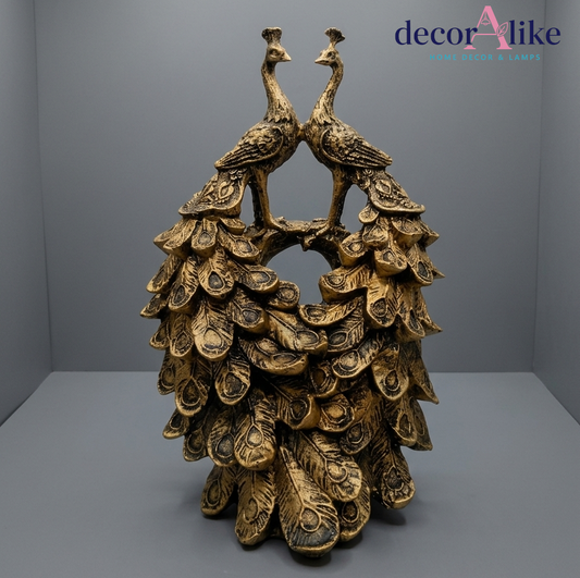 Twin peacock sculpture with cascading feathers – antique gold statue – Decoralike Lahore