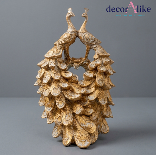 Twin peacock sculpture with cascading feathers – antique gold statue – Decoralike Lahore