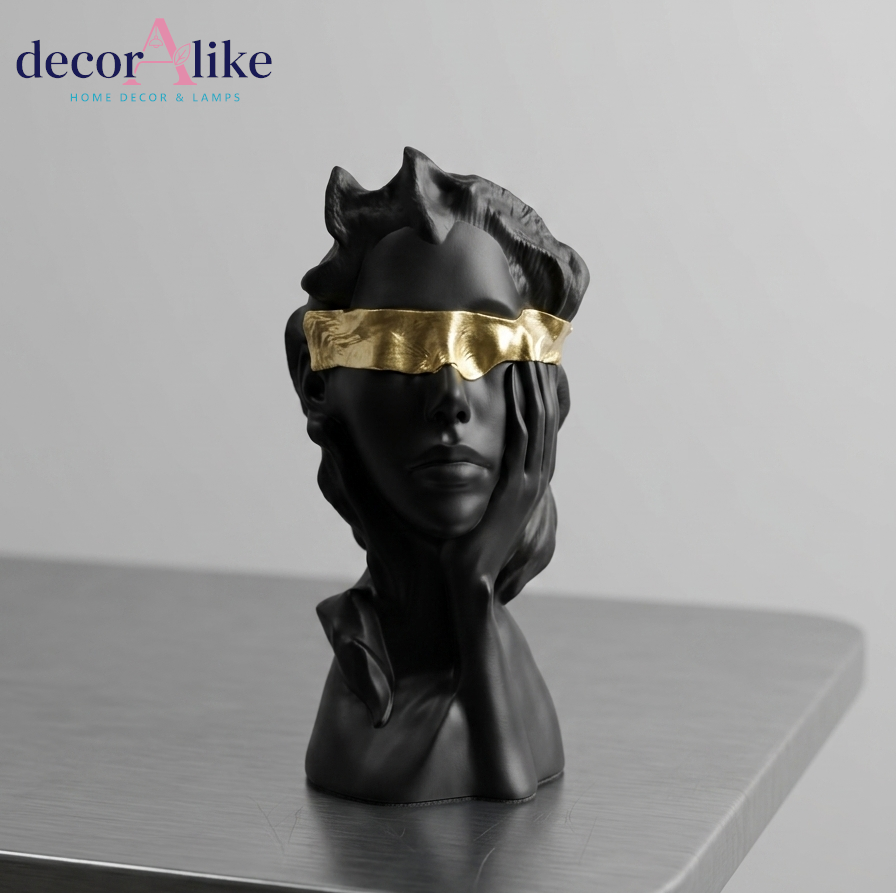 Matte black blindfolded muse bust sculpture with gold accent – Decoralike Lahore
