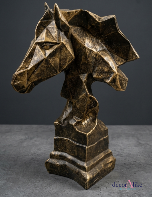 Geometric golden horse head statue by DecorAlike, a premium abstract decoration piece for living room console tables in Pakistan.Close-up of the antique metallic gold finish on the 3D faceted geometric horse sculpture from Decor.