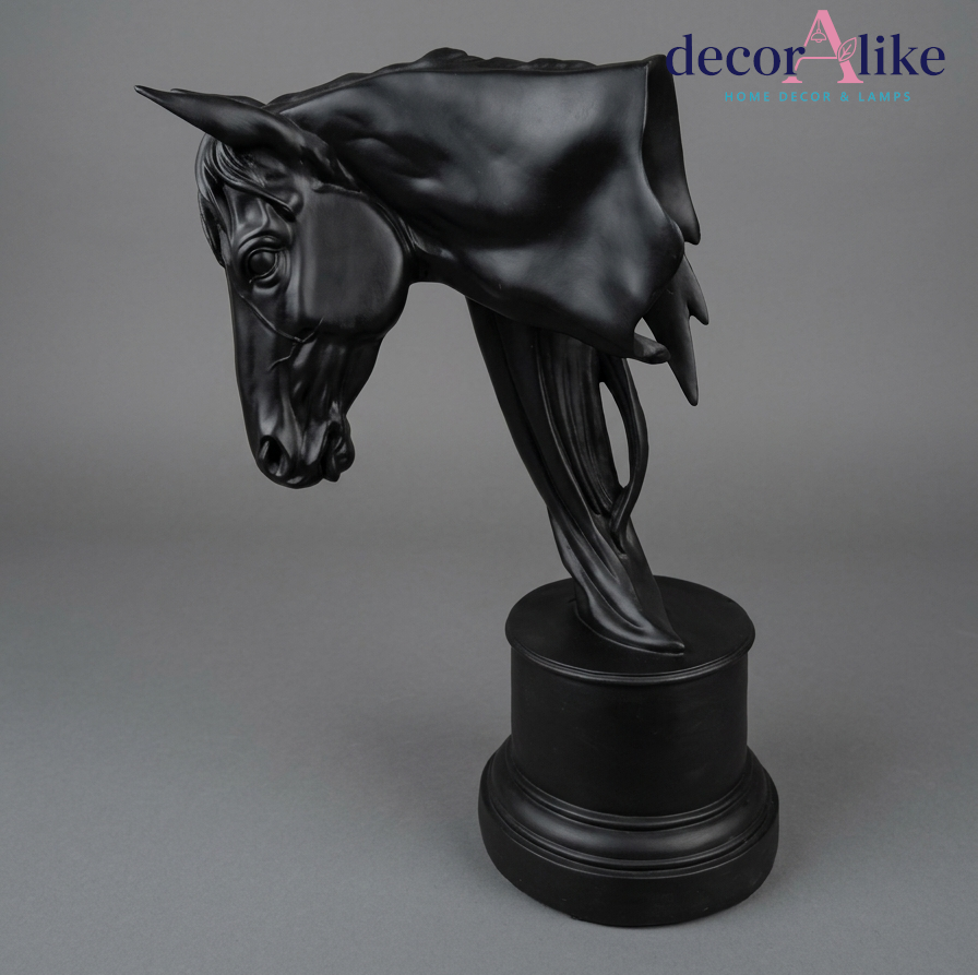 Matte black horse head sculpture on pedestal base – Decoralike Lahore