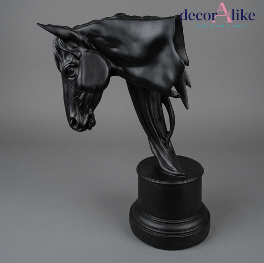 Matte black horse head sculpture on pedestal base – Decoralike Lahore