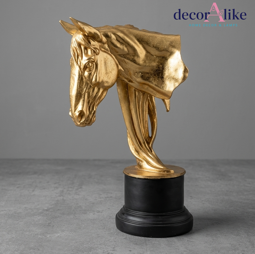 Matte black and gold horse head sculpture on pedestal base – Decoralike Lahore