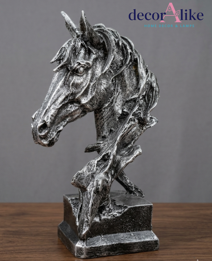 horse sculpture, equestrian decor, textured sculpture, animal head statue, bronze horse decor, silver horse decor, home decor Lahore, Decoralike
