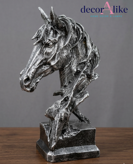 horse sculpture, equestrian decor, textured sculpture, animal head statue, bronze horse decor, silver horse decor, home decor Lahore, Decoralike
