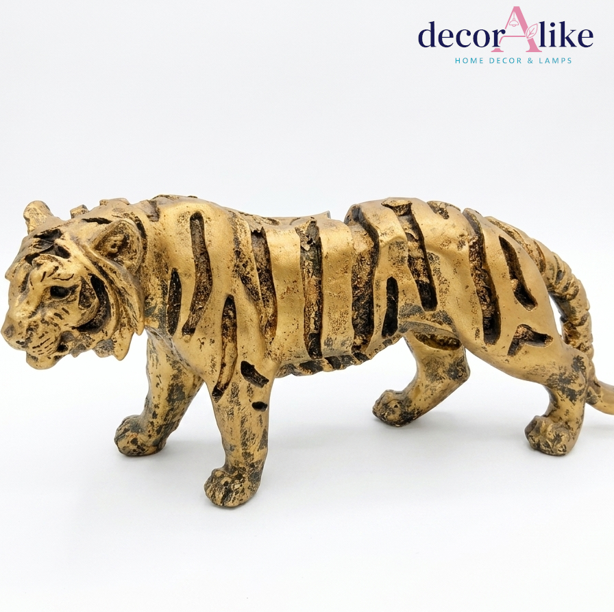 Gold cut-out tiger sculpture in prowling pose – Decoralike Lahore