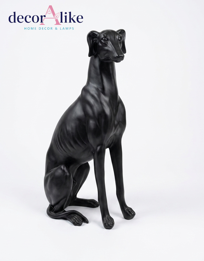 Matte black greyhound dog sculpture in seated pose – Decoralike Lahore