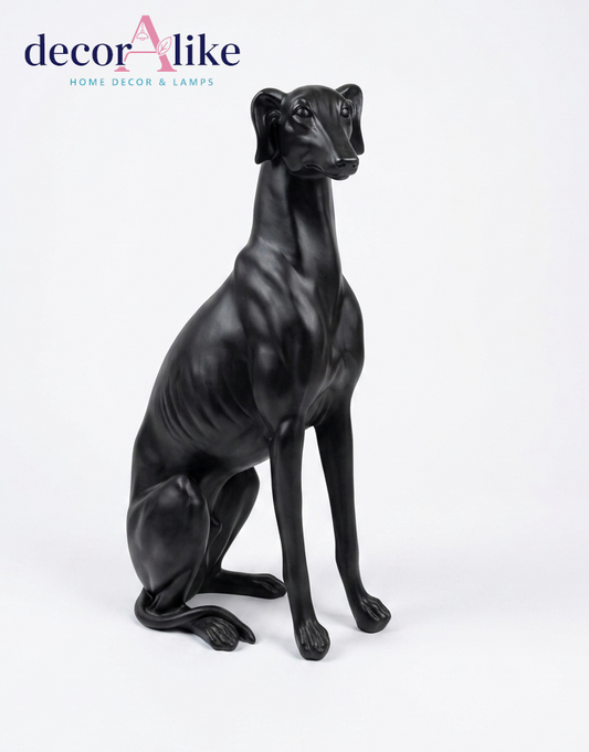 Matte black greyhound dog sculpture in seated pose – Decoralike Lahore