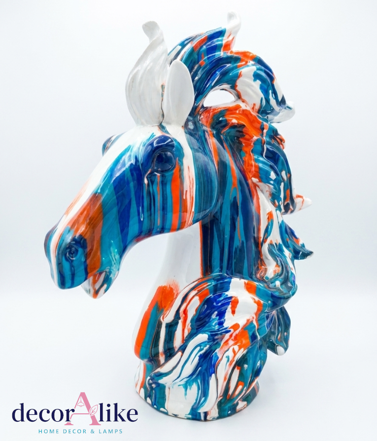 Abstract fluid art multi-color horse head bust with blue and orange paint drip pattern by DecorAlike, a premium luxury decoration piece in Pakistan