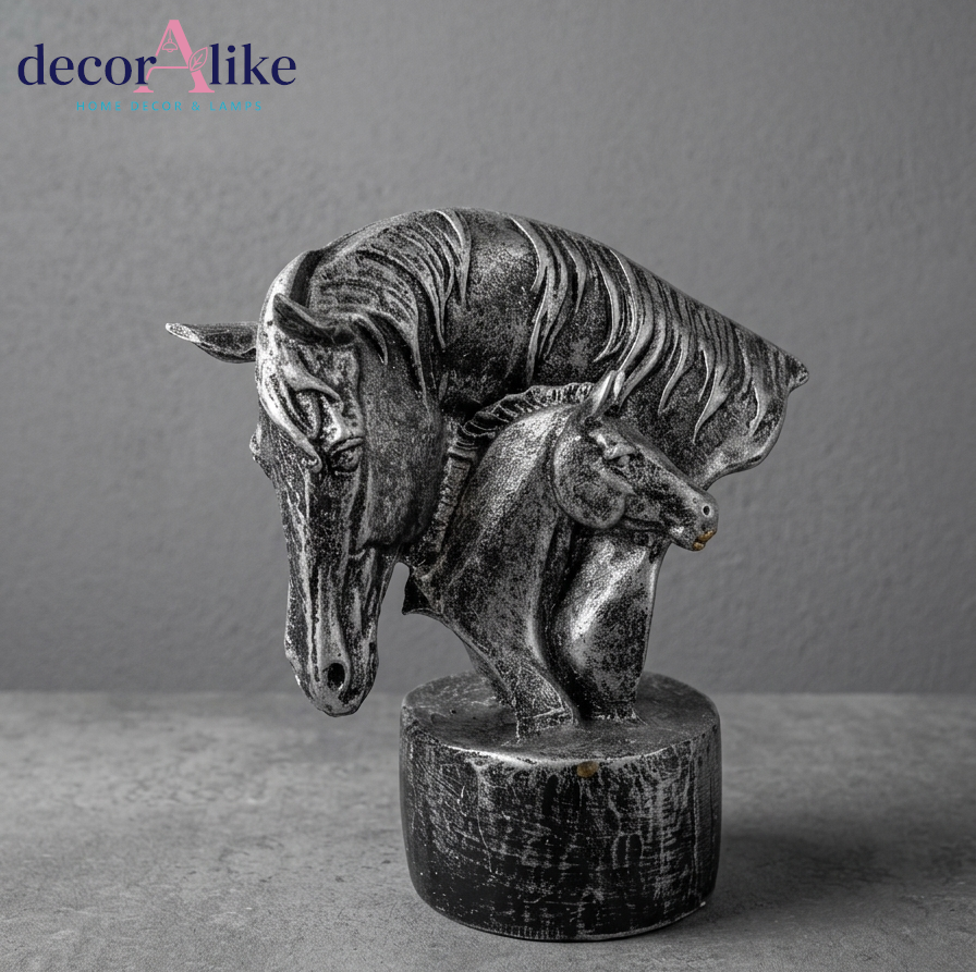 Antique silver double horse head sculpture on round base – Decoralike Lahore