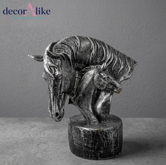 Antique silver double horse head sculpture on round base – Decoralike Lahore