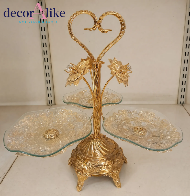 3-tier gold glass serving stand with ornate floral detailing and heart-shaped top