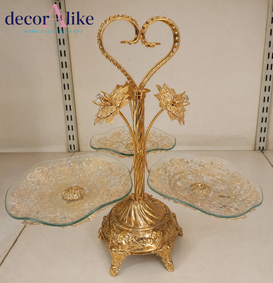 3-tier gold glass serving stand with ornate floral detailing and heart-shaped top