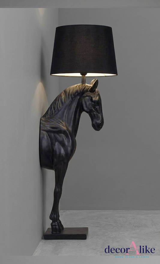 Horse sculpture floor lamp with black fabric shade - statement lighting decor Pakistan