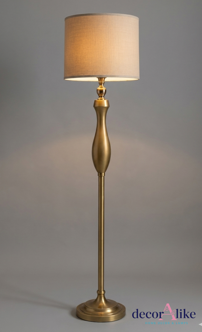 Gold floor lamp with beige linen shade – modern living room decor